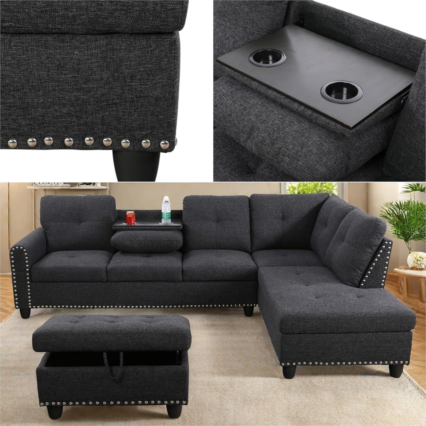 Dark Gray Sectional Couch With Ottoman