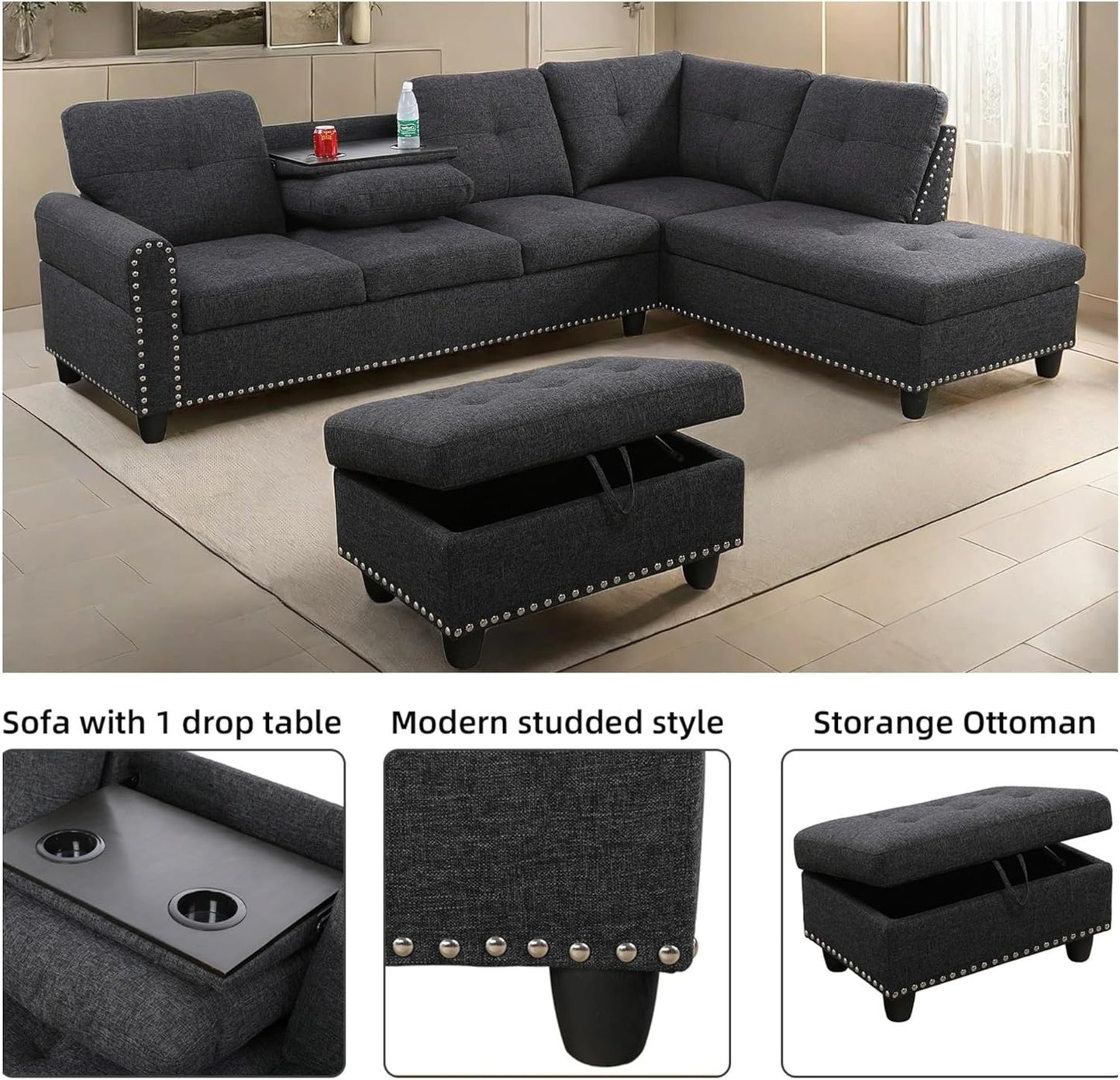 Dark Gray Sectional Couch With Ottoman