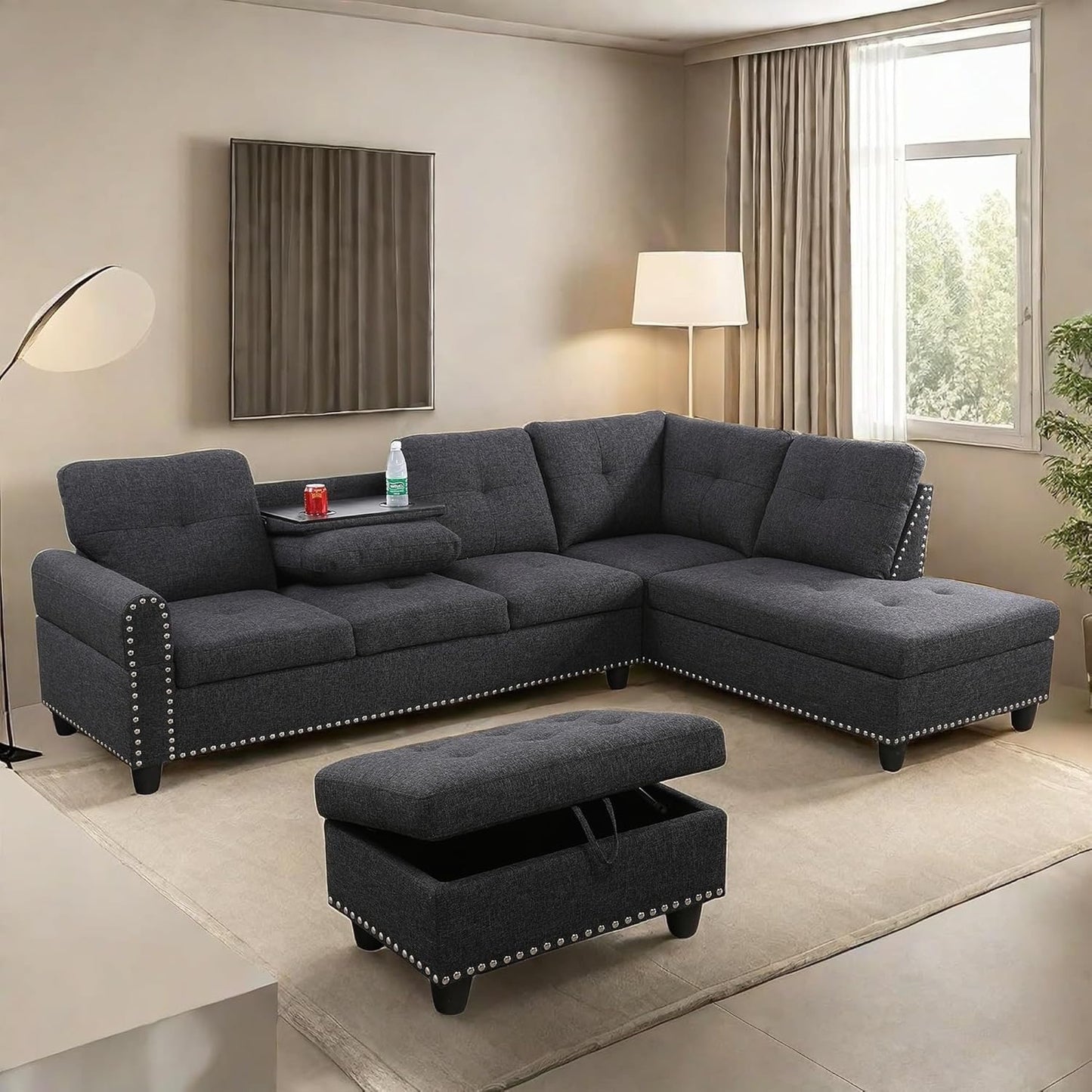 Dark Gray Sectional Couch With Ottoman